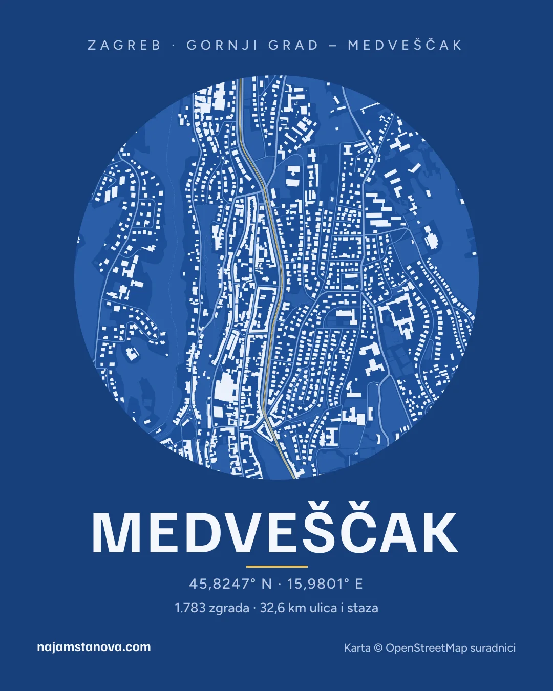 Karta kvarta Medveščak u stilu „Nacrt”: zgrade, ulice, parkovi i vode u krugu od 900 m