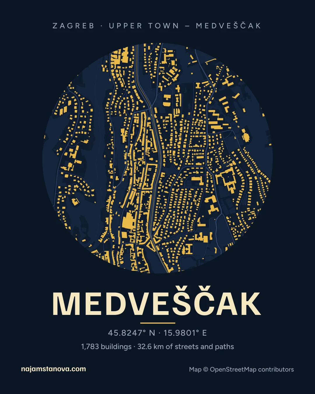 Map of Medveščak in the “Night” style: buildings, streets, parks and water within 900 m