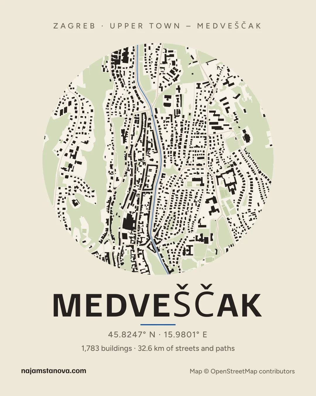 Map of Medveščak in the “Paper” style: buildings, streets, parks and water within 900 m