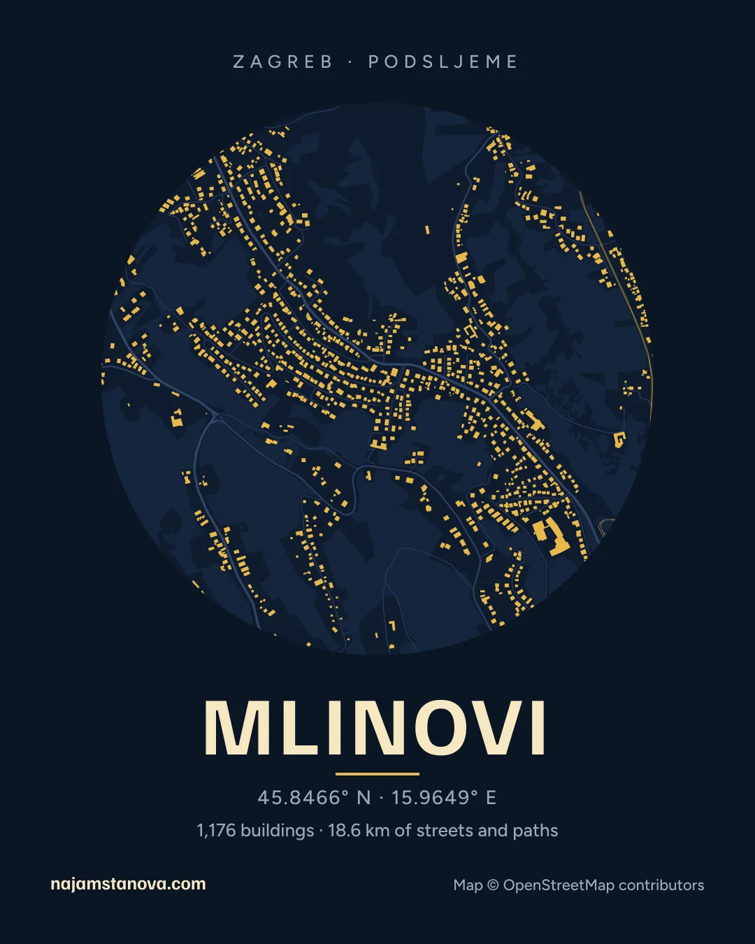Map of Mlinovi in the “Night” style: buildings, streets, parks and water within 900 m