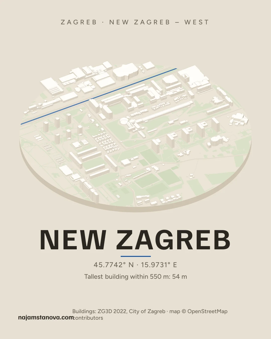Map of New Zagreb in the “Drone” style: buildings, streets, parks and water within 900 m