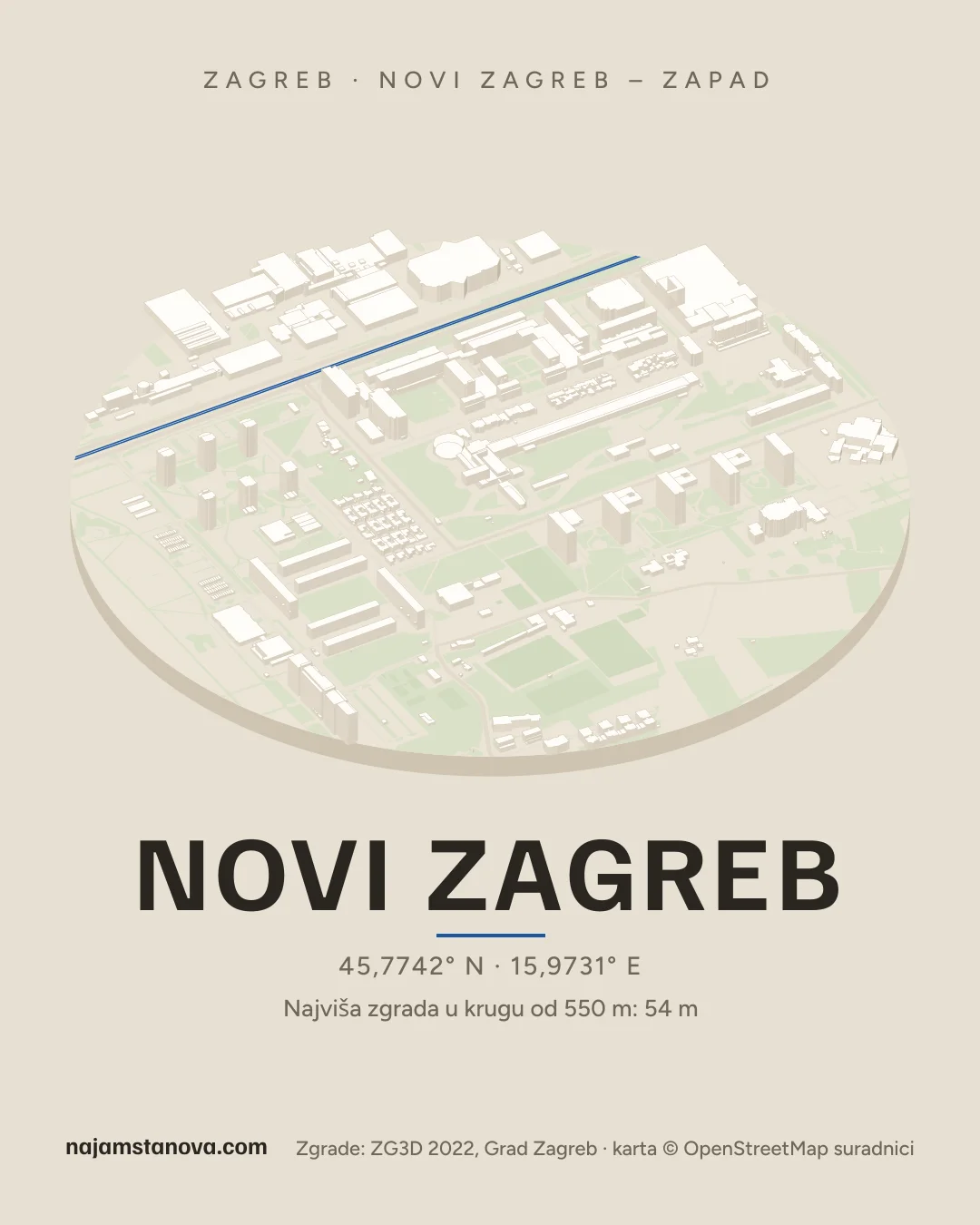 Karta kvarta Novi Zagreb u stilu „Dron”: zgrade, ulice, parkovi i vode u krugu od 900 m