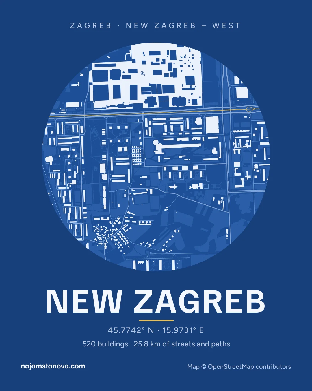 Map of New Zagreb in the “Blueprint” style: buildings, streets, parks and water within 900 m