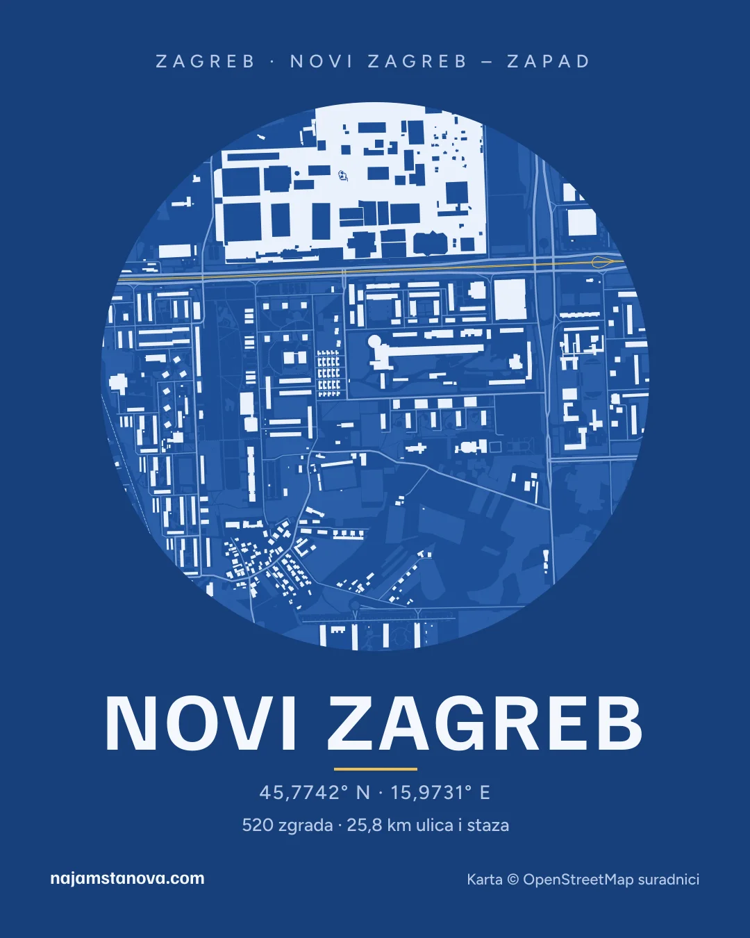 Karta kvarta Novi Zagreb u stilu „Nacrt”: zgrade, ulice, parkovi i vode u krugu od 900 m
