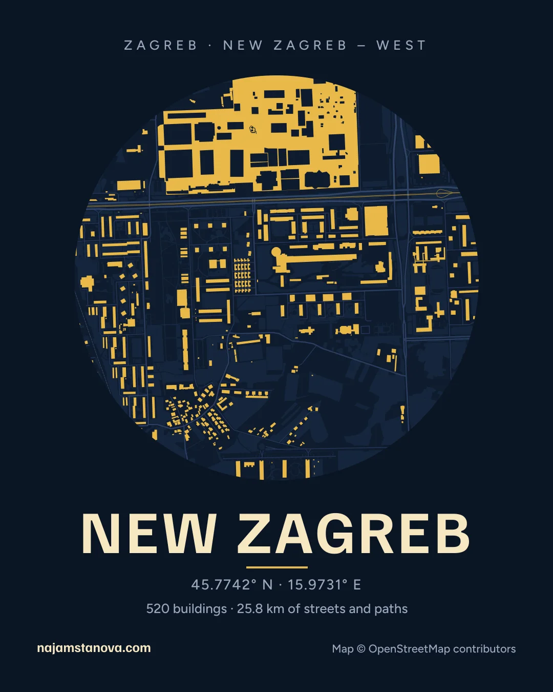 Map of New Zagreb in the “Night” style: buildings, streets, parks and water within 900 m