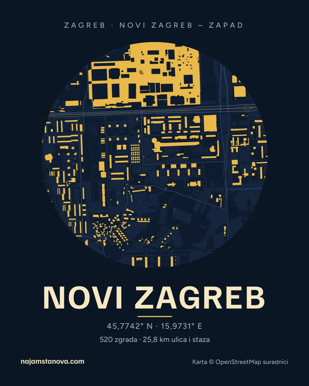 Karta kvarta Novi Zagreb u stilu „Noć”: zgrade, ulice, parkovi i vode u krugu od 900 m