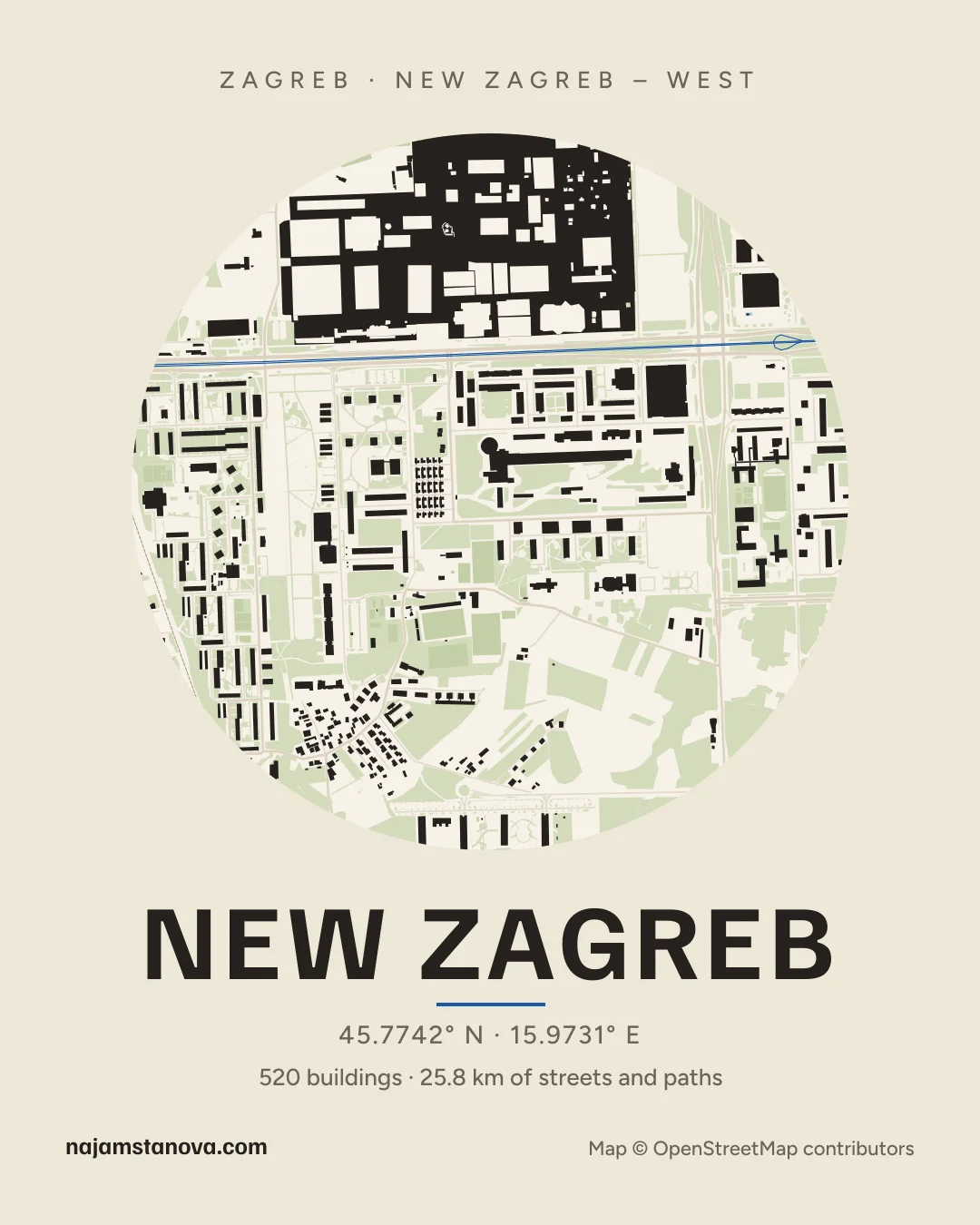 Map of New Zagreb in the “Paper” style: buildings, streets, parks and water within 900 m