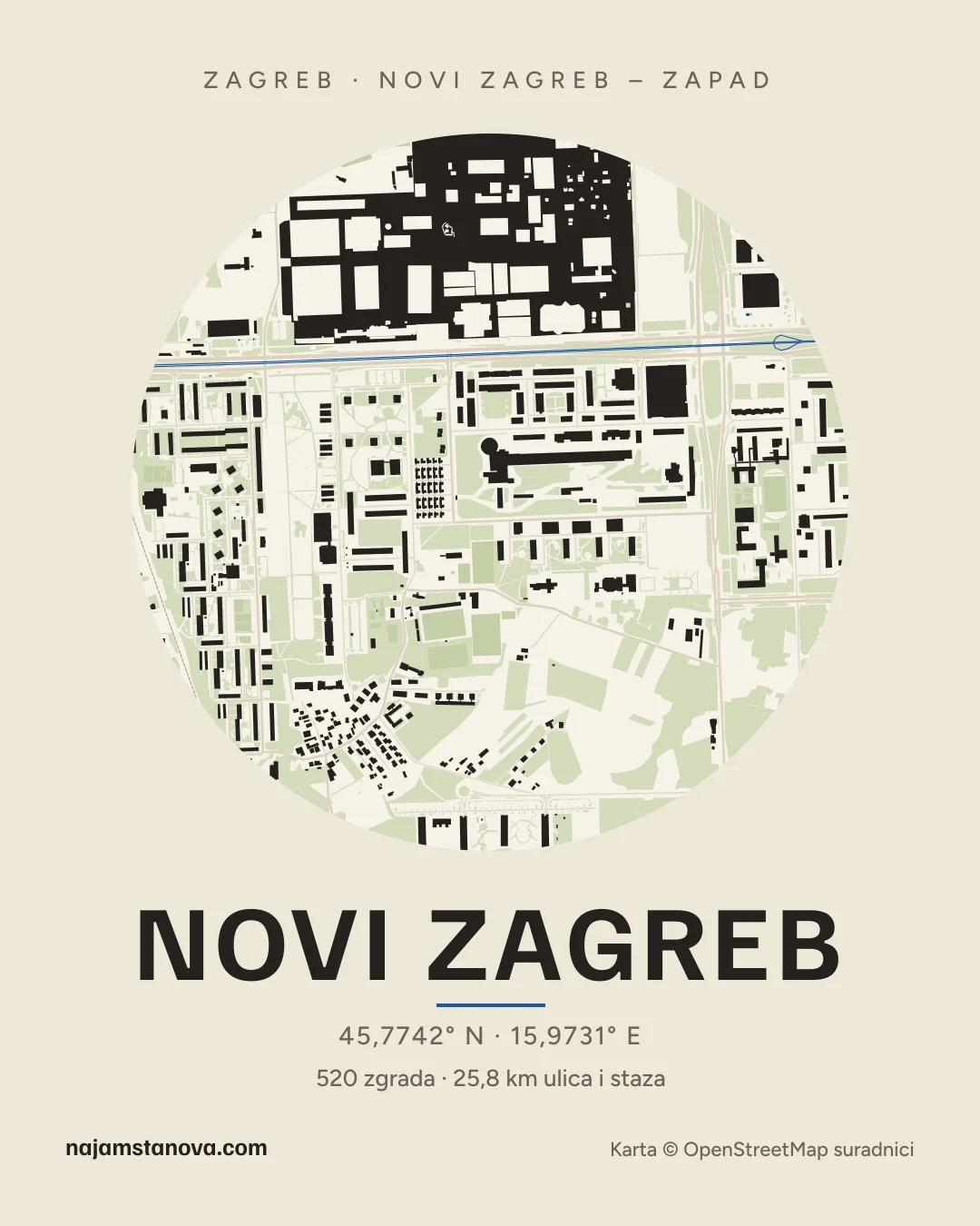 Karta kvarta Novi Zagreb u stilu „Papir”: zgrade, ulice, parkovi i vode u krugu od 900 m