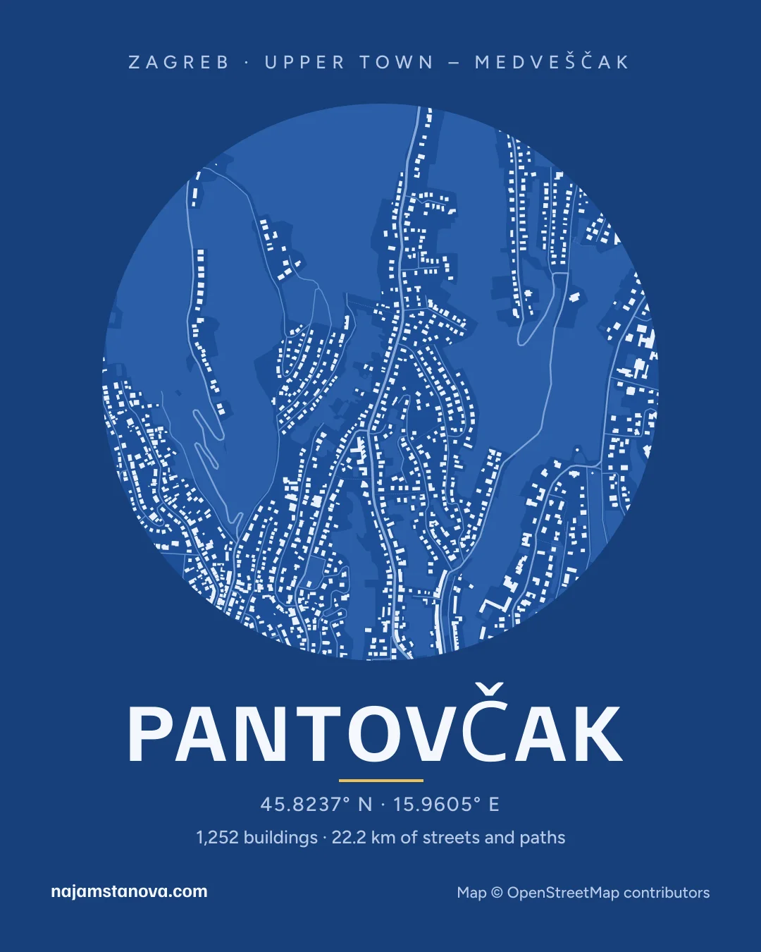 Map of Pantovčak in the “Blueprint” style: buildings, streets, parks and water within 900 m
