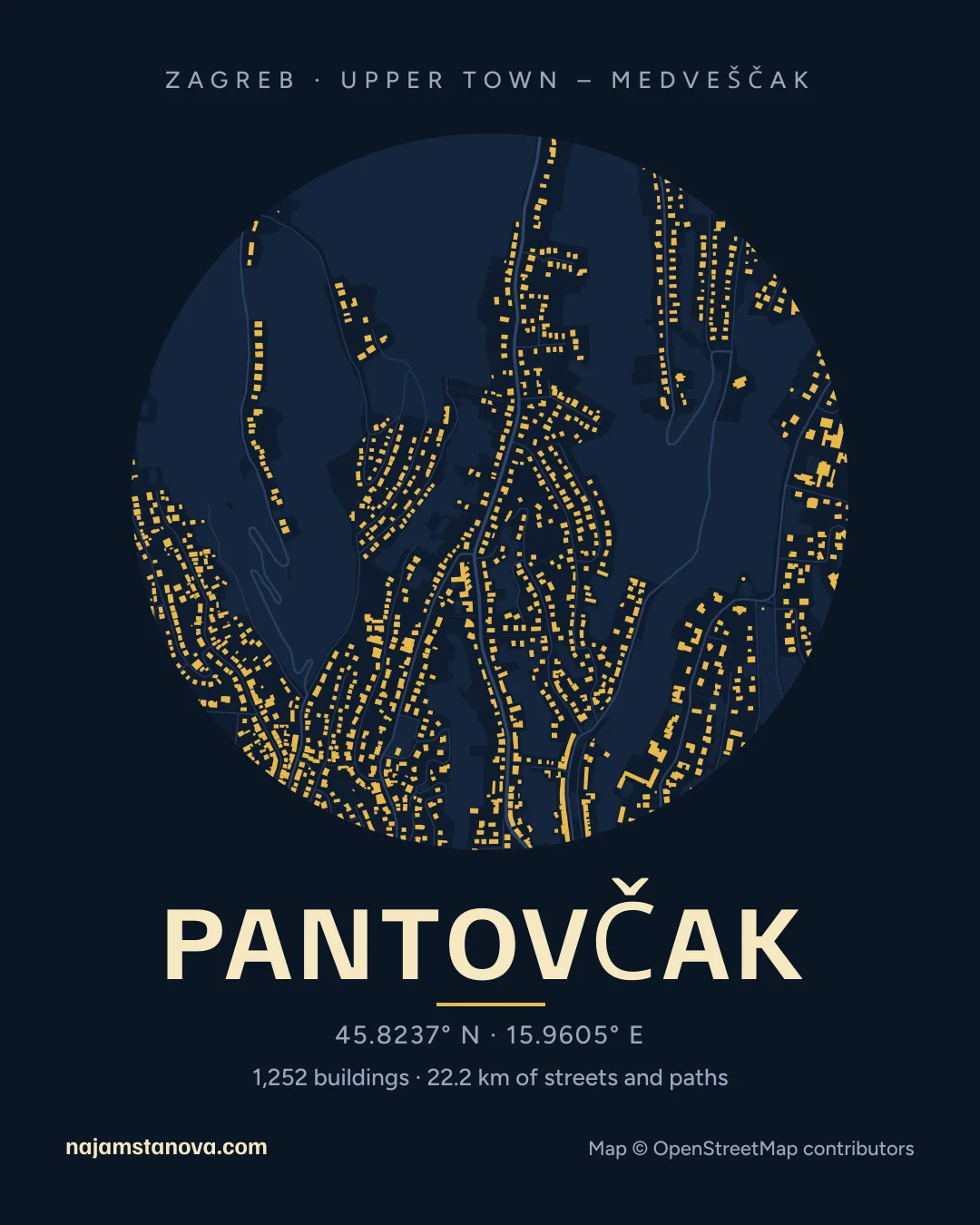 Map of Pantovčak in the “Night” style: buildings, streets, parks and water within 900 m
