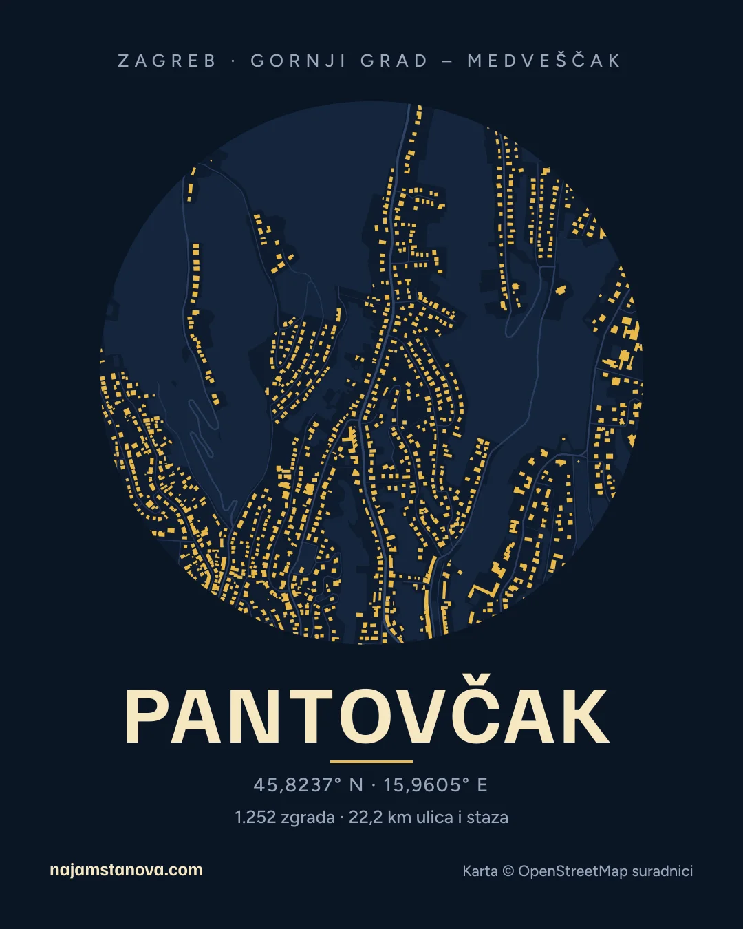Karta kvarta Pantovčak u stilu „Noć”: zgrade, ulice, parkovi i vode u krugu od 900 m