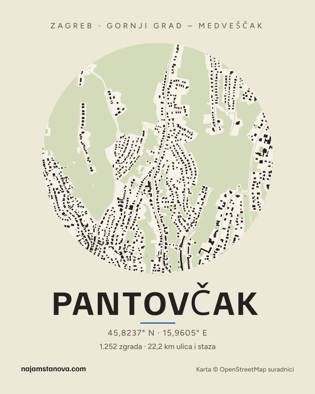 Karta kvarta Pantovčak u stilu „Papir”: zgrade, ulice, parkovi i vode u krugu od 900 m
