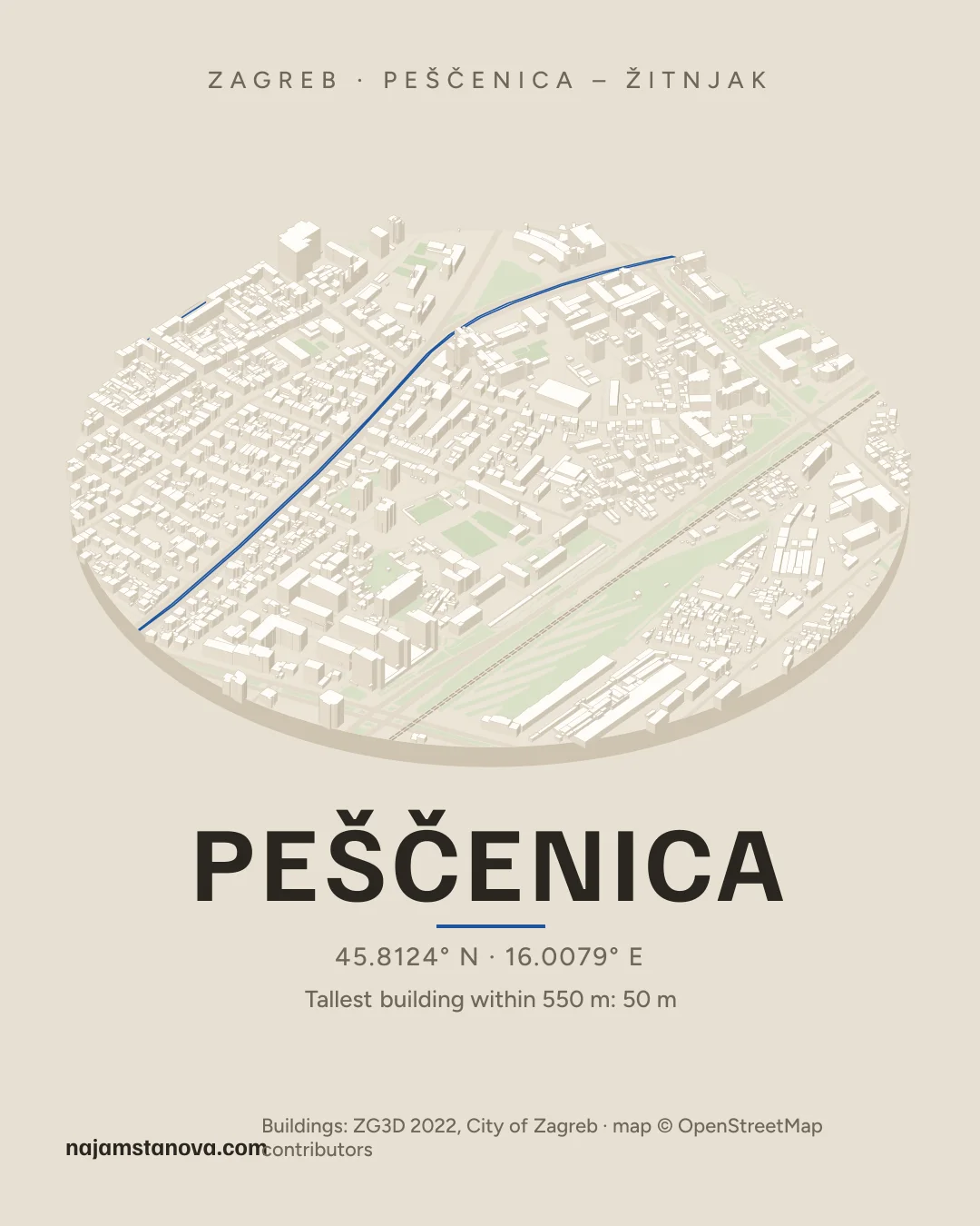 Map of Peščenica in the “Drone” style: buildings, streets, parks and water within 900 m