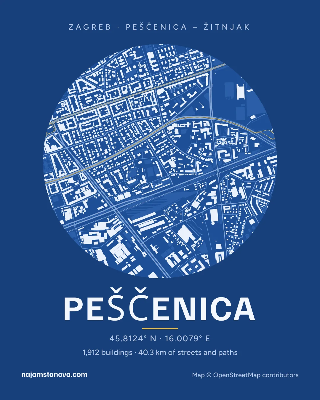 Map of Peščenica in the “Blueprint” style: buildings, streets, parks and water within 900 m