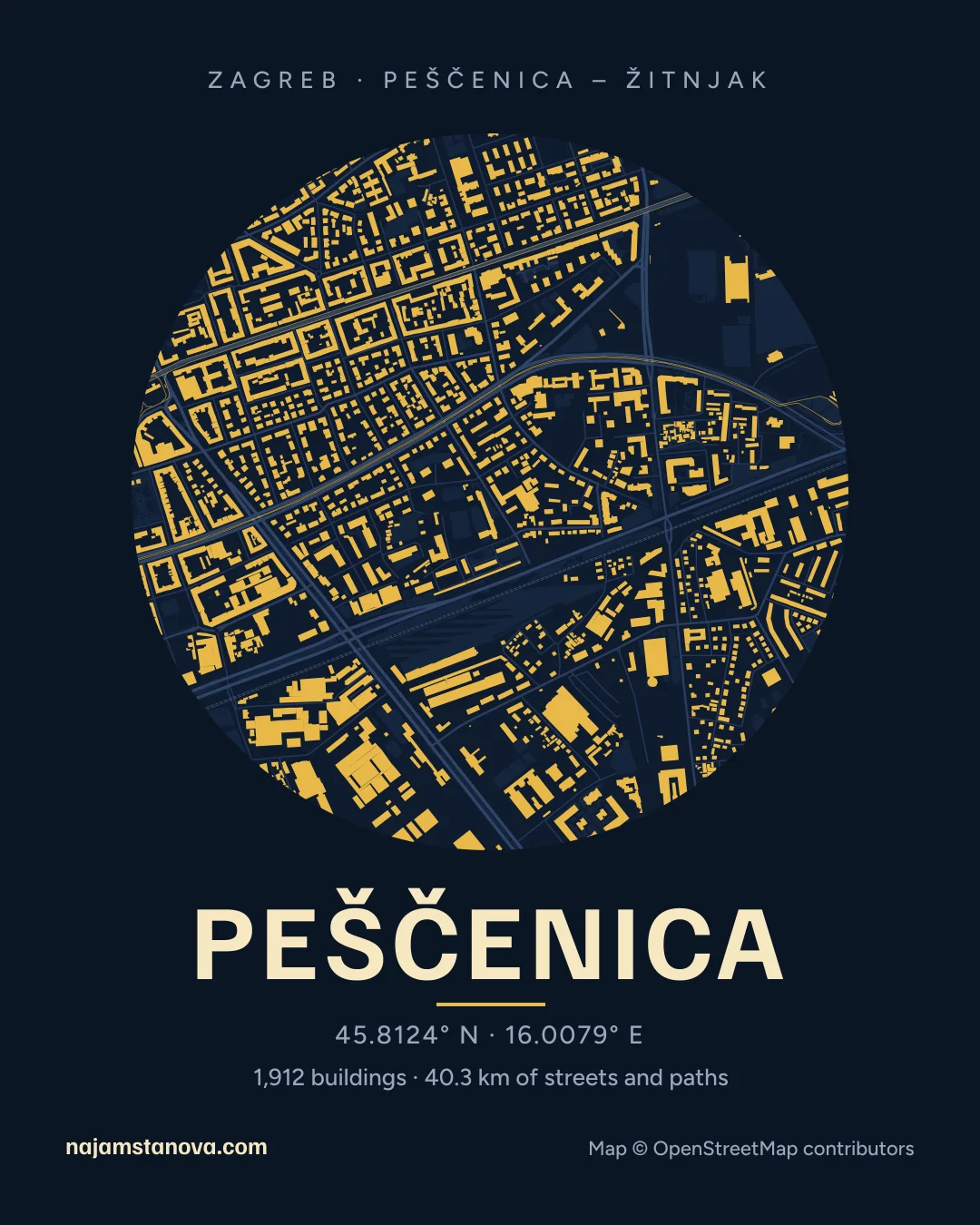 Map of Peščenica in the “Night” style: buildings, streets, parks and water within 900 m