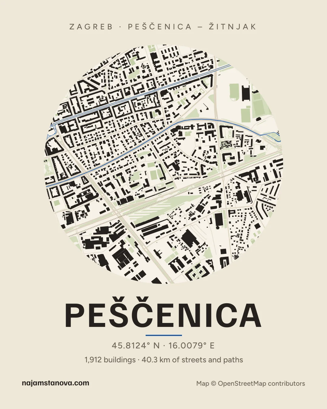 Map of Peščenica in the “Paper” style: buildings, streets, parks and water within 900 m