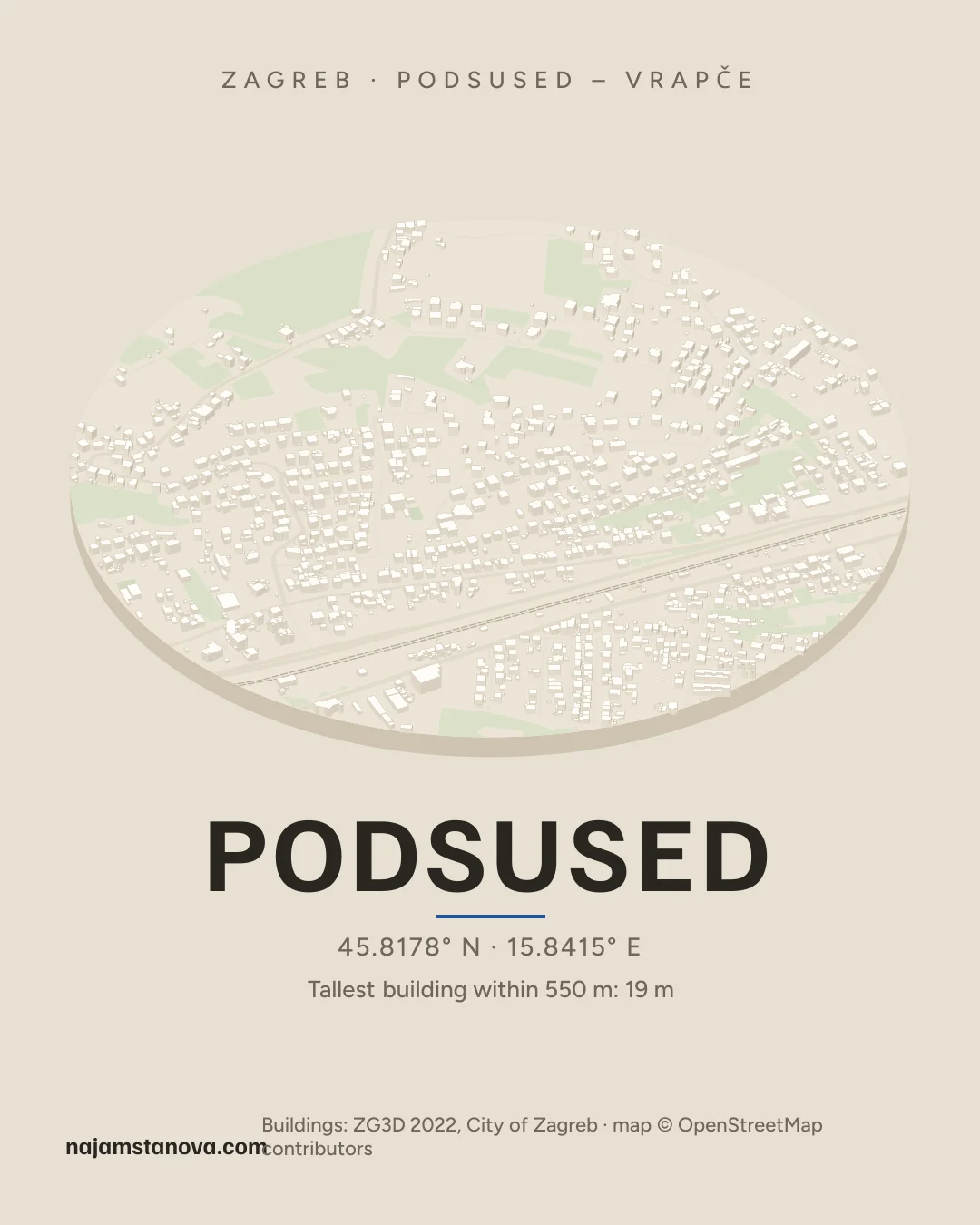 Map of Podsused in the “Drone” style: buildings, streets, parks and water within 900 m