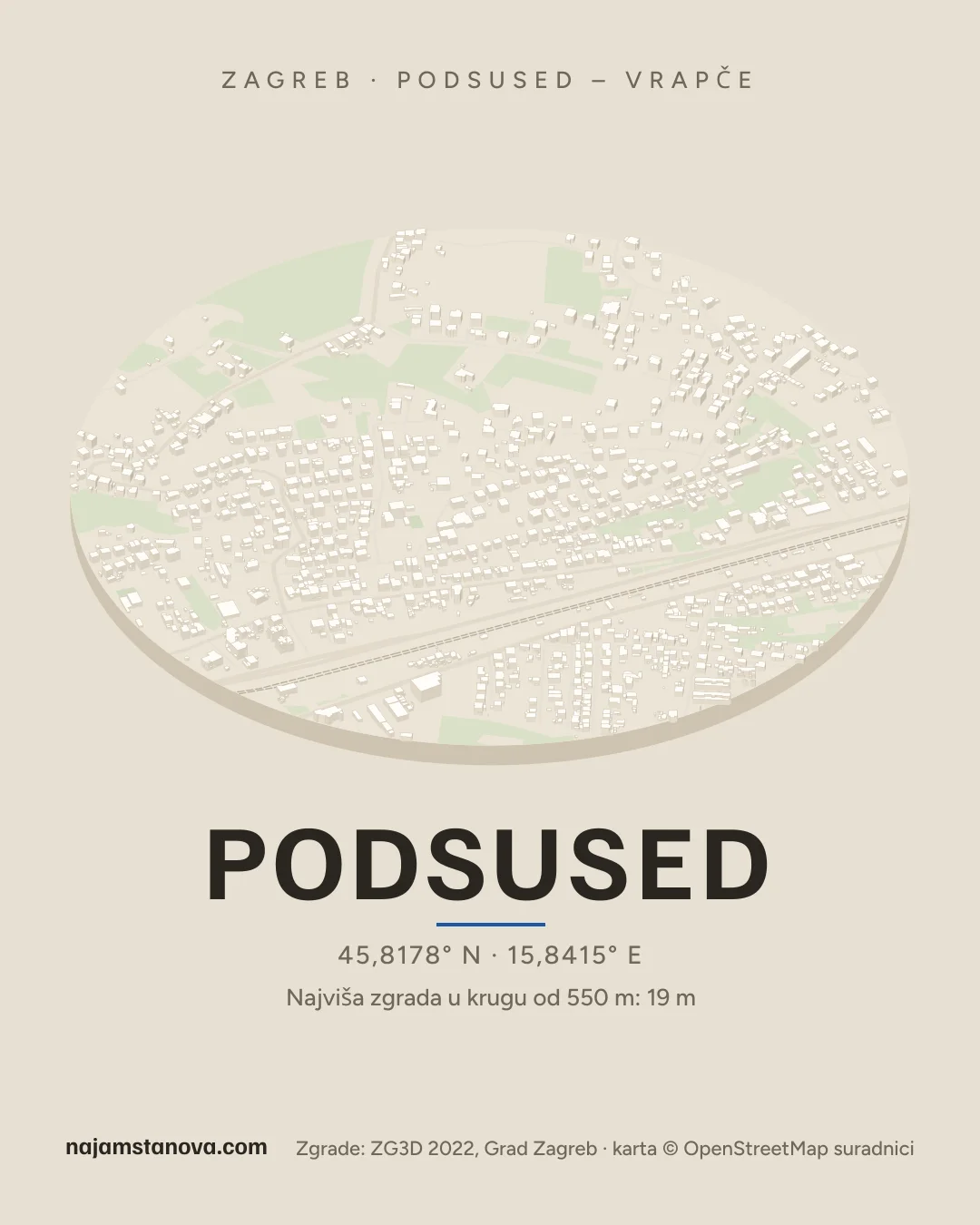 Karta kvarta Podsused u stilu „Dron”: zgrade, ulice, parkovi i vode u krugu od 900 m