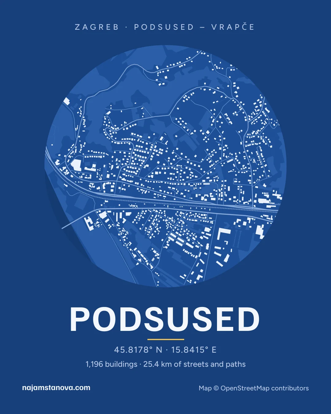 Map of Podsused in the “Blueprint” style: buildings, streets, parks and water within 900 m