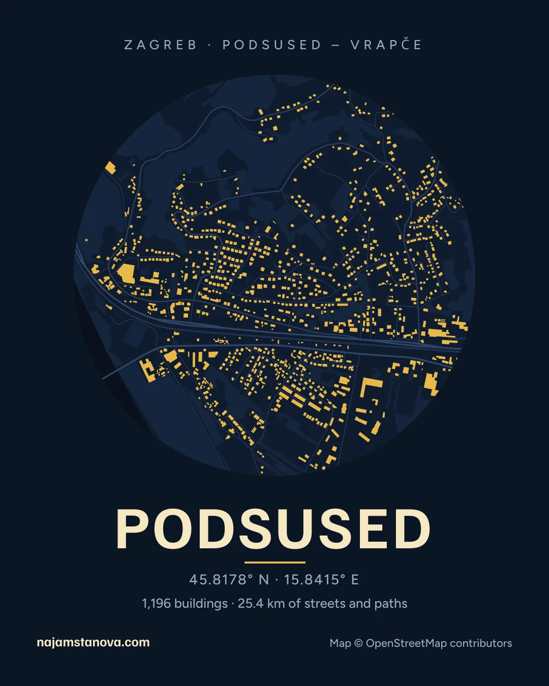 Map of Podsused in the “Night” style: buildings, streets, parks and water within 900 m