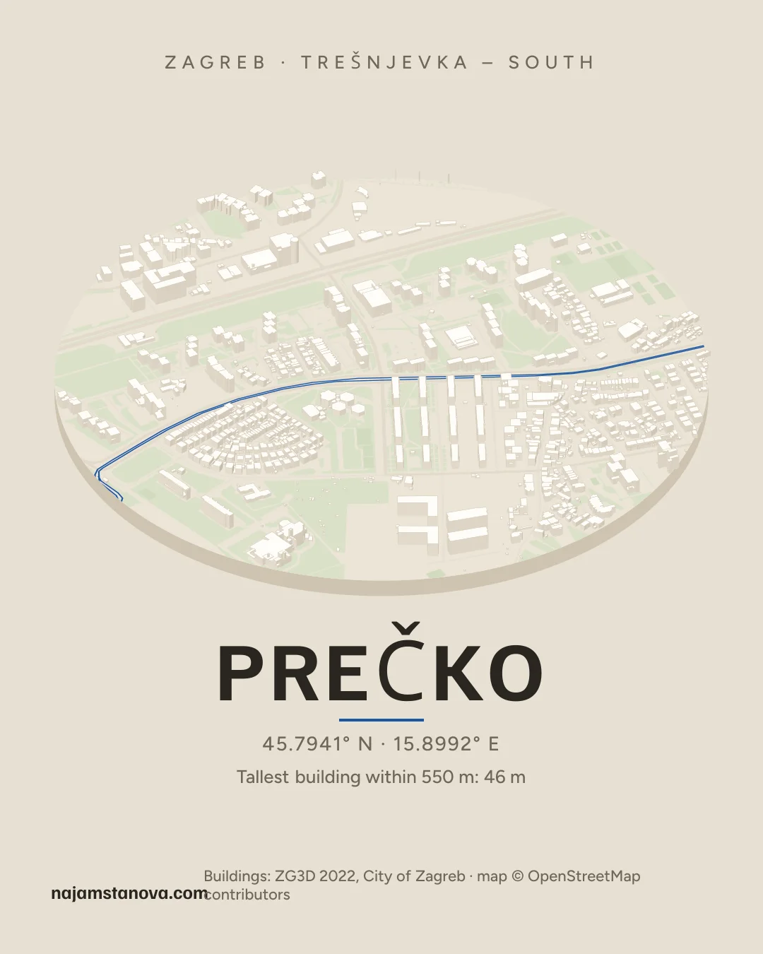 Map of Prečko in the “Drone” style: buildings, streets, parks and water within 900 m