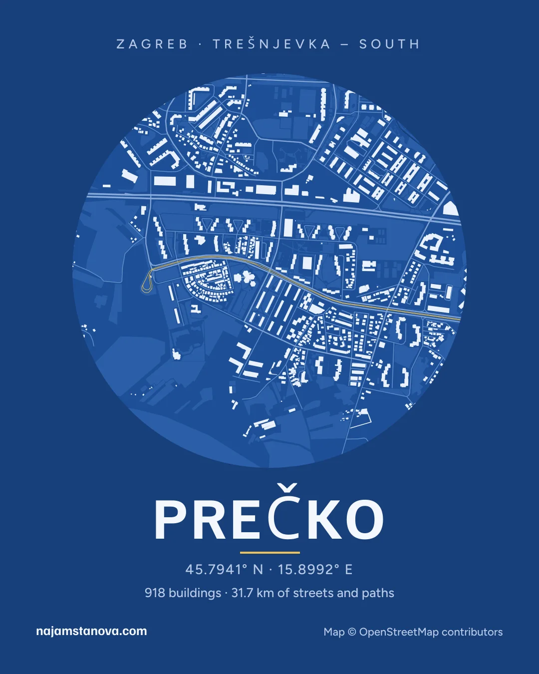 Map of Prečko in the “Blueprint” style: buildings, streets, parks and water within 900 m
