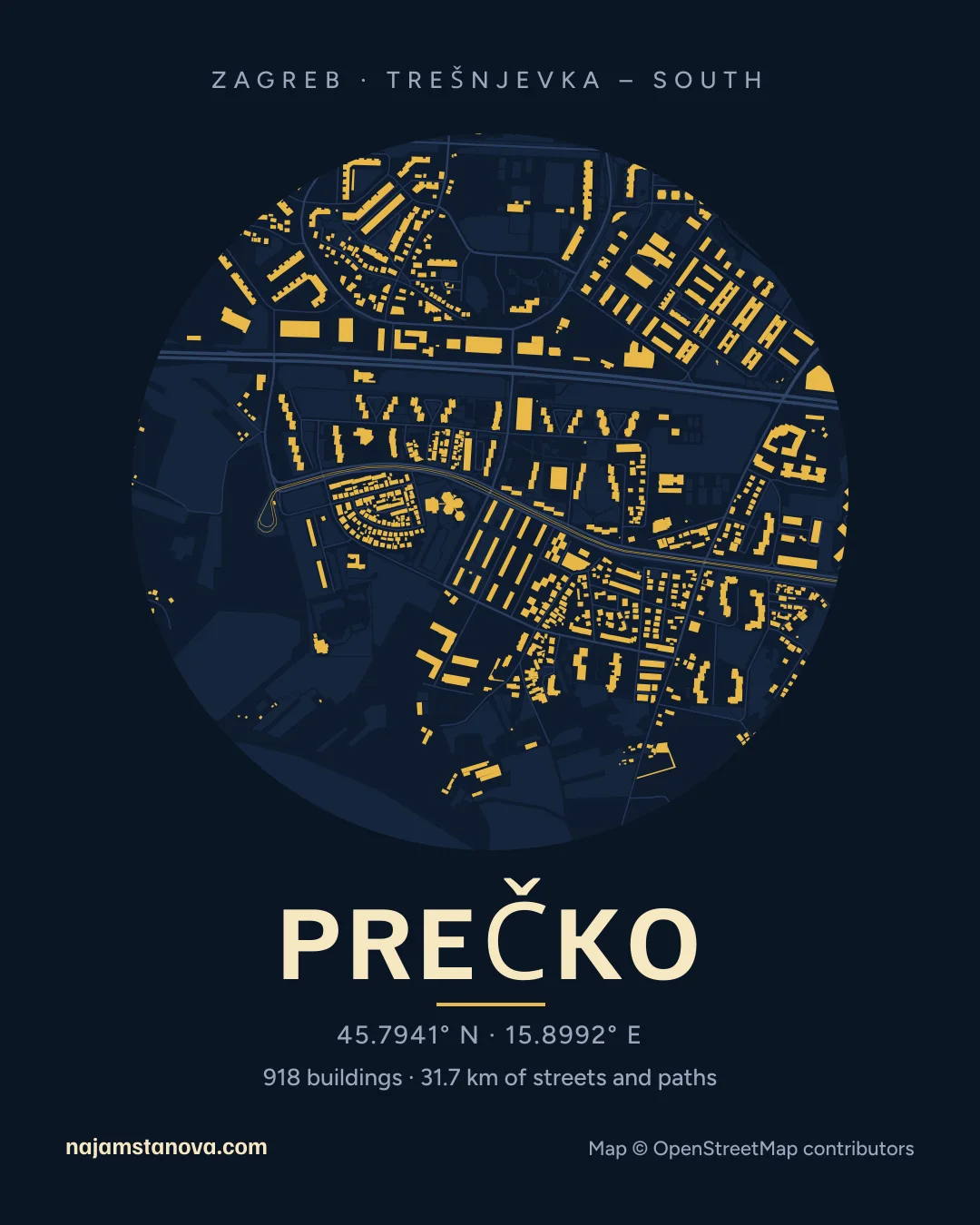 Map of Prečko in the “Night” style: buildings, streets, parks and water within 900 m