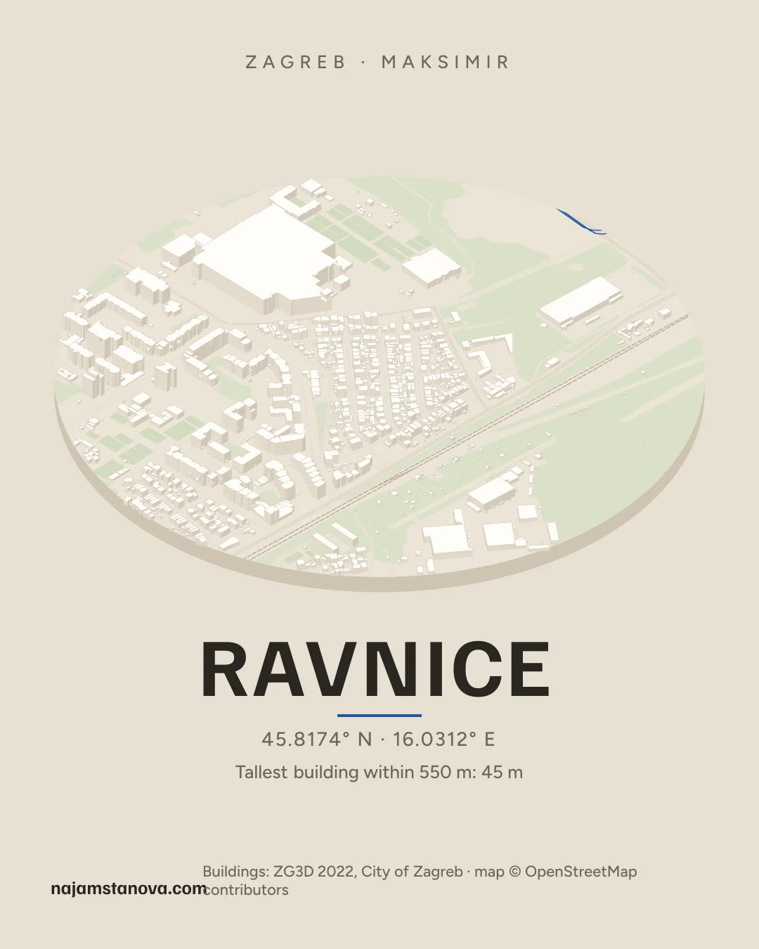 Map of Ravnice in the “Drone” style: buildings, streets, parks and water within 900 m