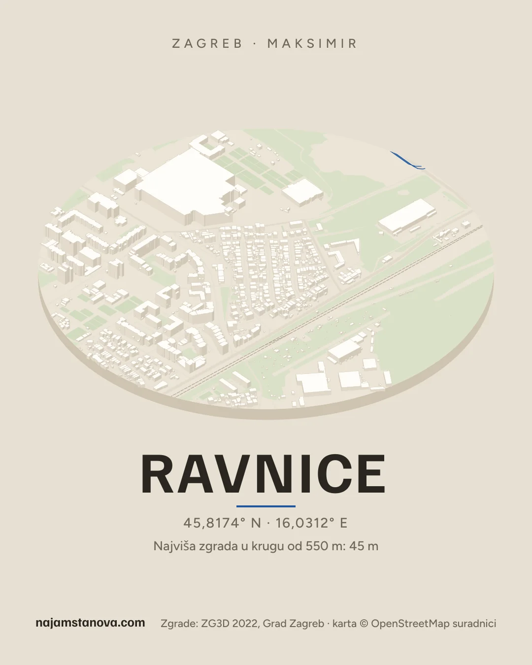 Karta kvarta Ravnice u stilu „Dron”: zgrade, ulice, parkovi i vode u krugu od 900 m