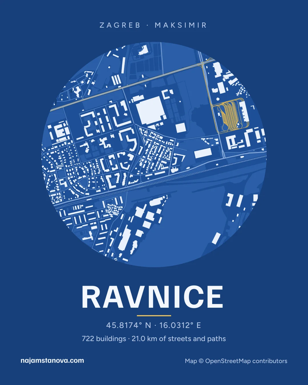 Map of Ravnice in the “Blueprint” style: buildings, streets, parks and water within 900 m