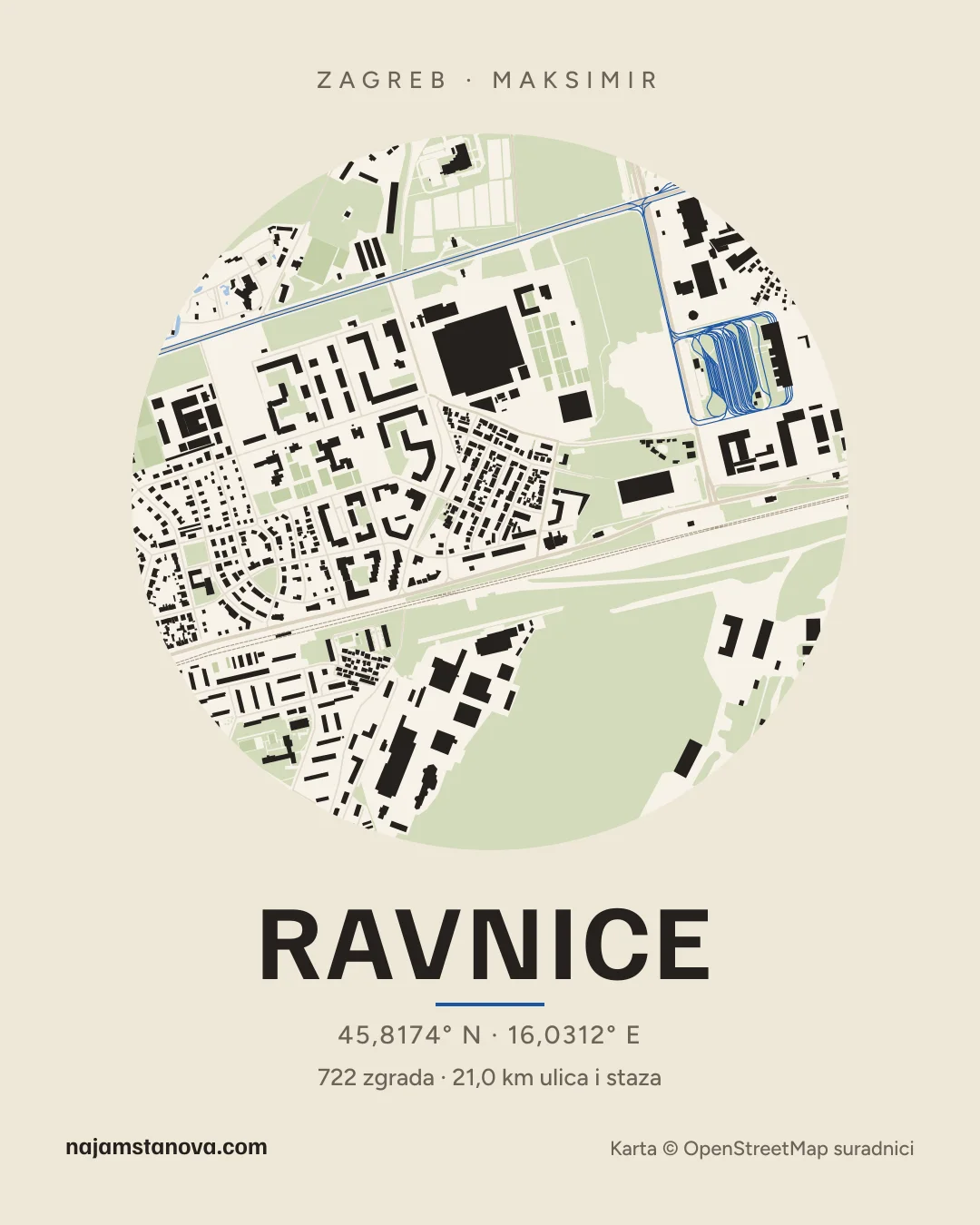 Karta kvarta Ravnice u stilu „Papir”: zgrade, ulice, parkovi i vode u krugu od 900 m