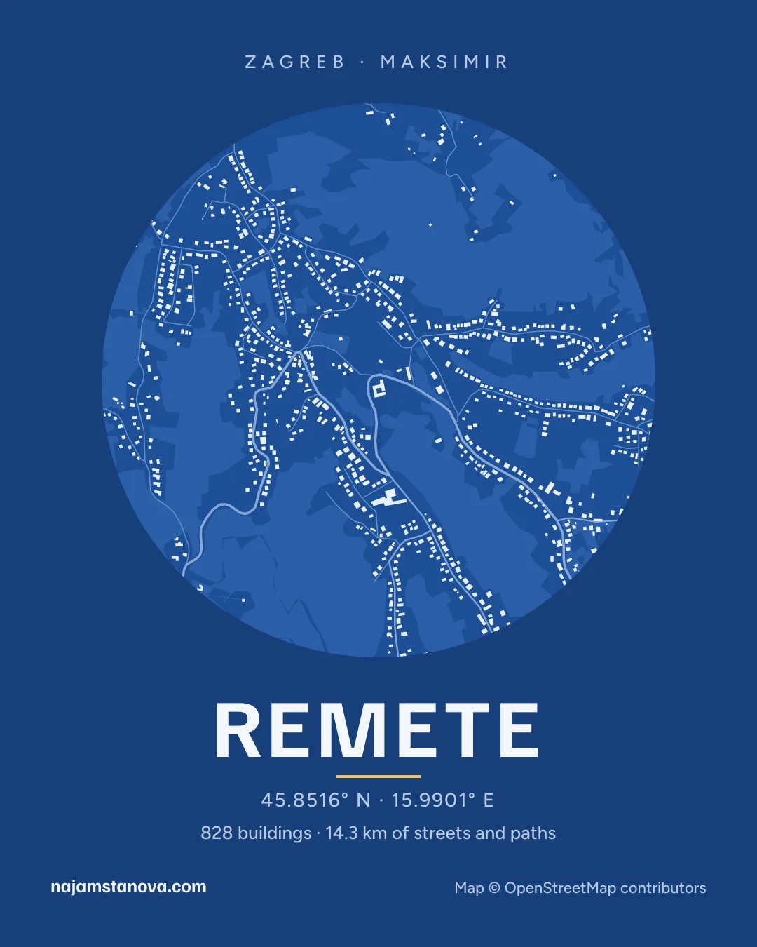 Map of Remete in the “Blueprint” style: buildings, streets, parks and water within 900 m