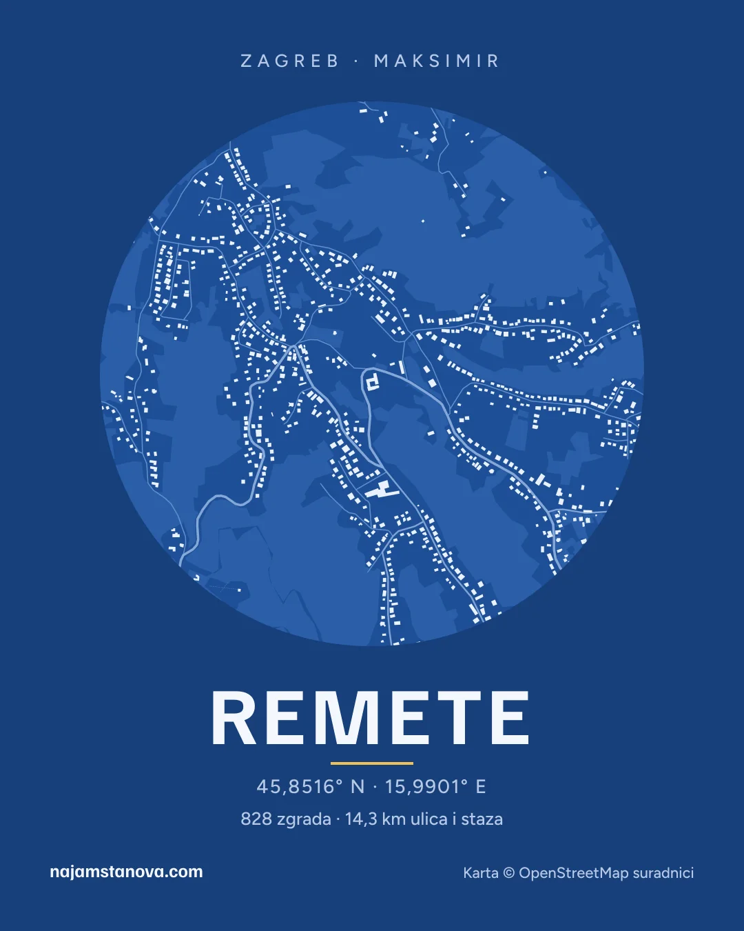 Karta kvarta Remete u stilu „Nacrt”: zgrade, ulice, parkovi i vode u krugu od 900 m