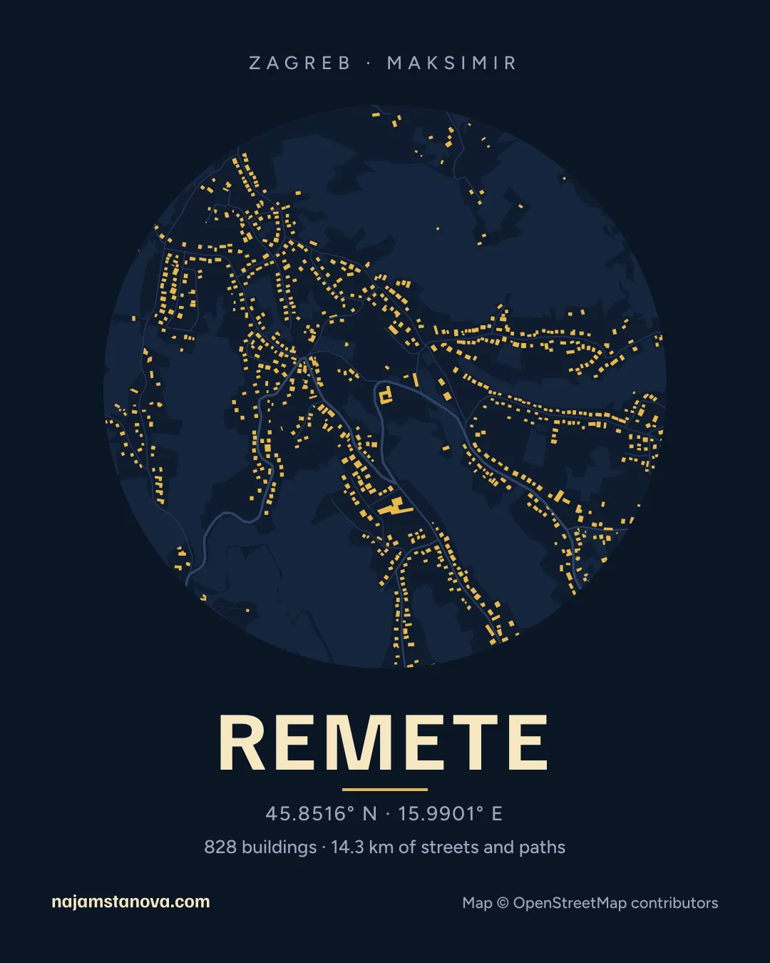 Map of Remete in the “Night” style: buildings, streets, parks and water within 900 m