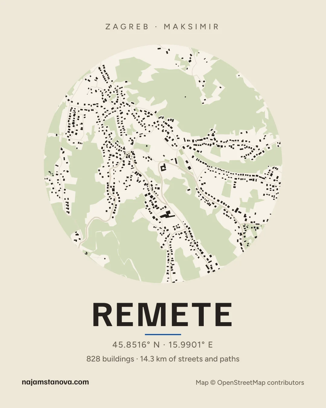 Map of Remete in the “Paper” style: buildings, streets, parks and water within 900 m