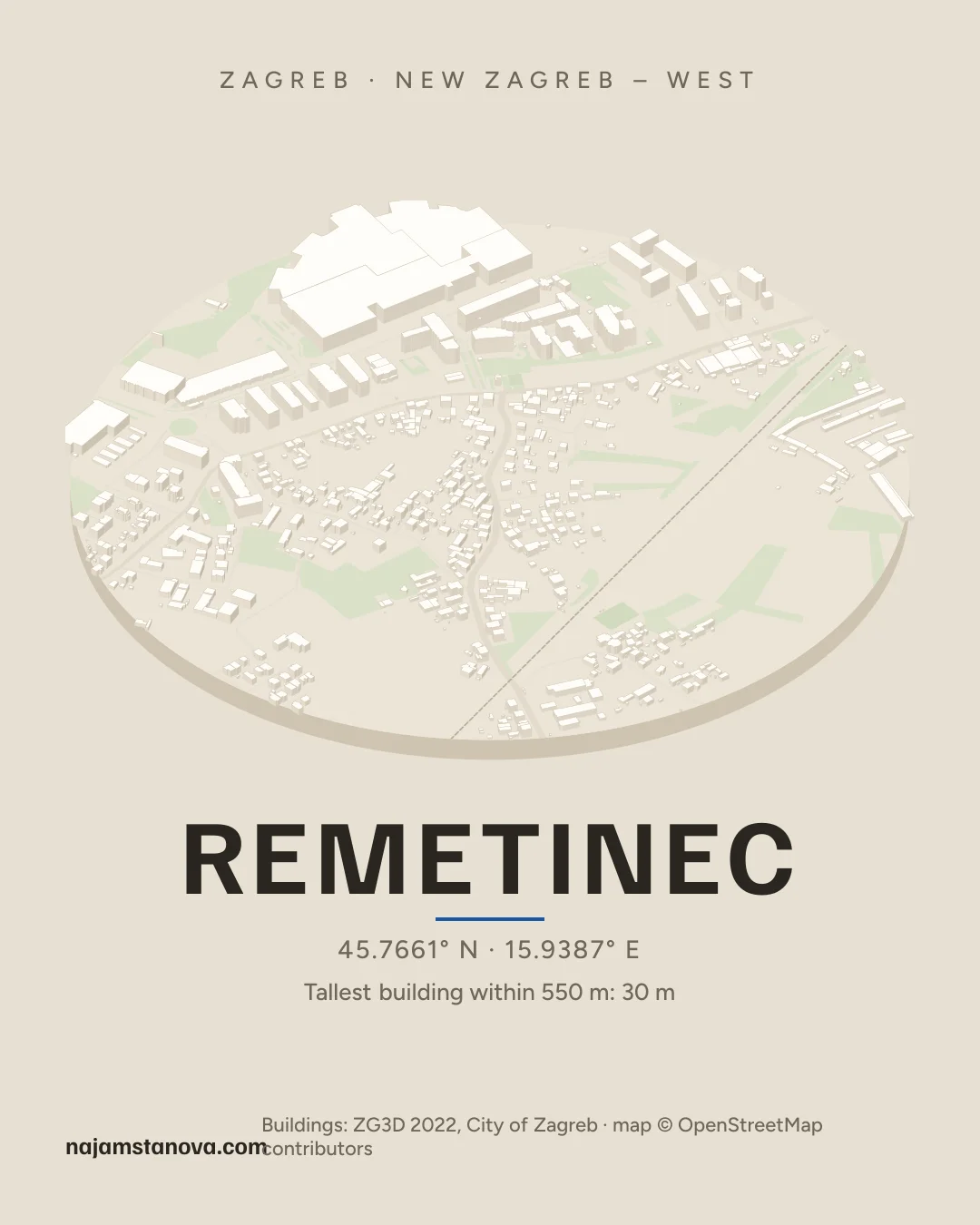 Map of Remetinec in the “Drone” style: buildings, streets, parks and water within 900 m