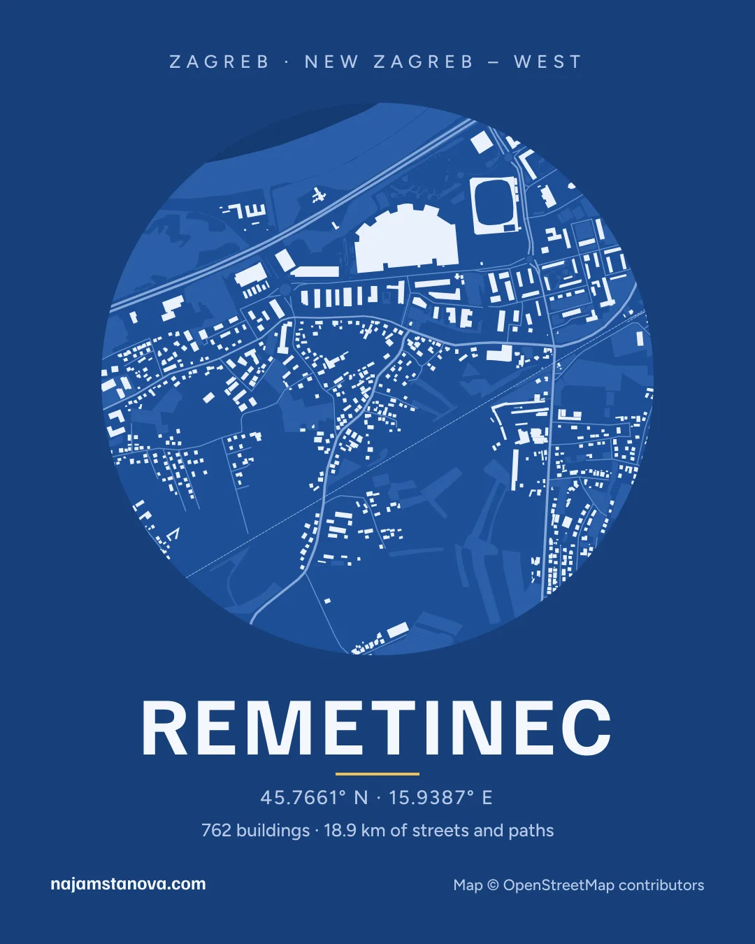 Map of Remetinec in the “Blueprint” style: buildings, streets, parks and water within 900 m