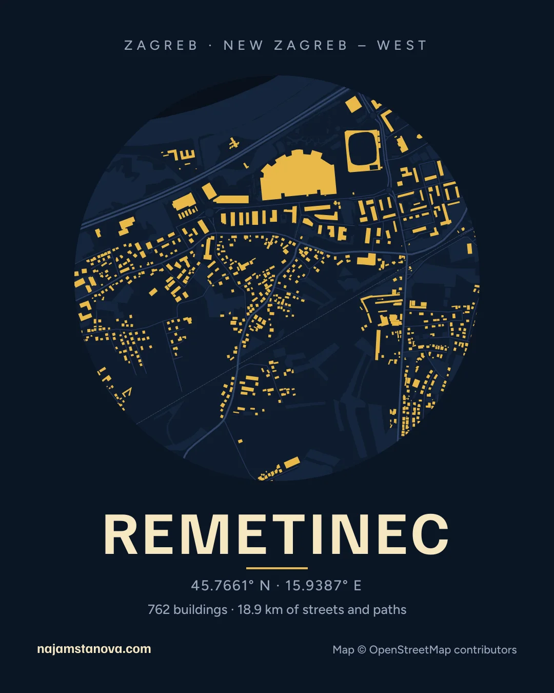 Map of Remetinec in the “Night” style: buildings, streets, parks and water within 900 m