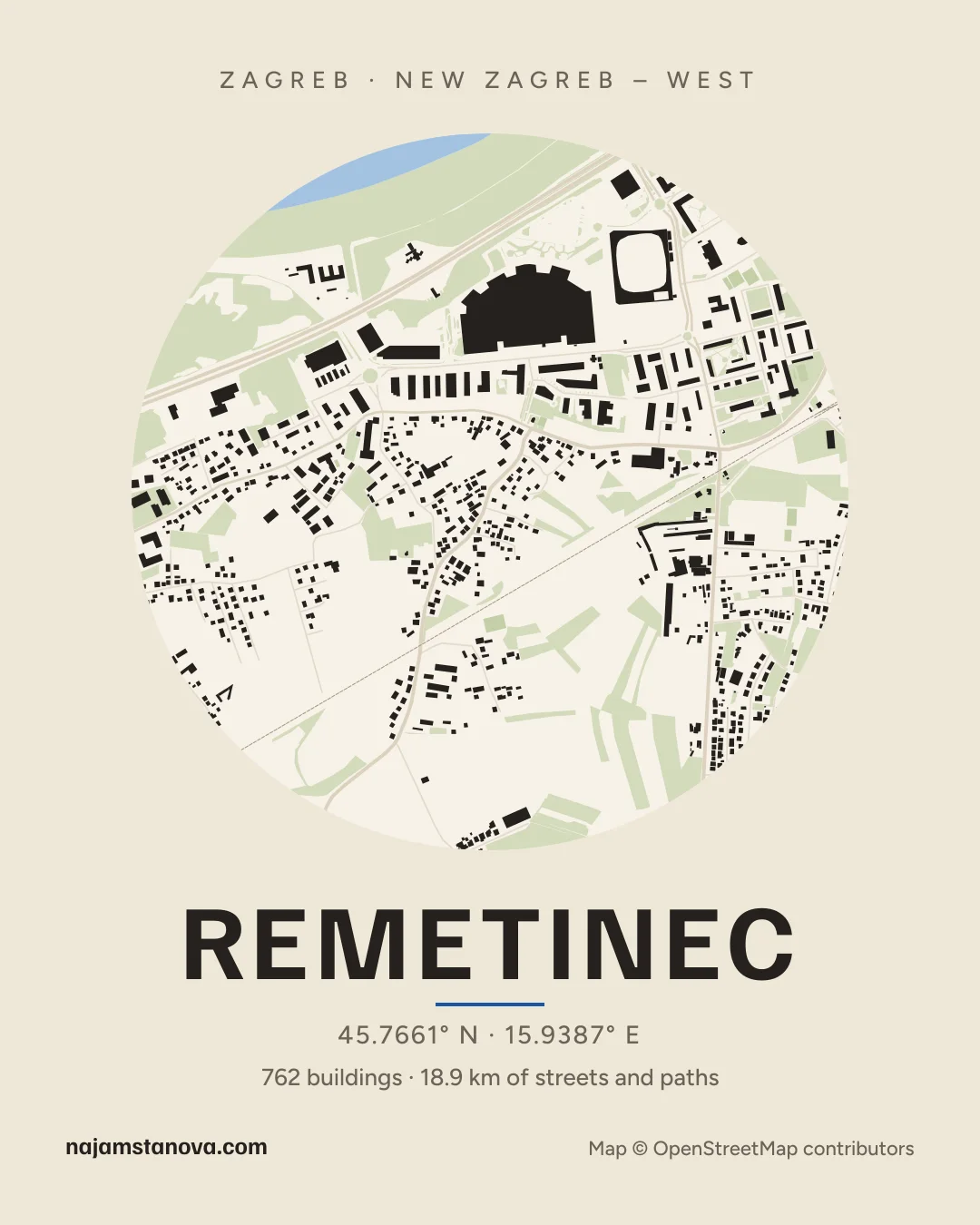 Map of Remetinec in the “Paper” style: buildings, streets, parks and water within 900 m