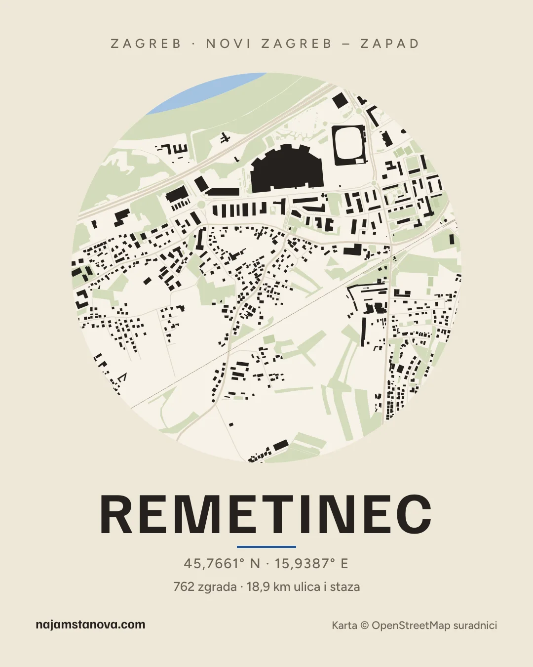 Karta kvarta Remetinec u stilu „Papir”: zgrade, ulice, parkovi i vode u krugu od 900 m