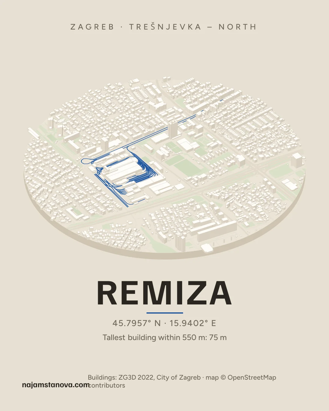 Map of Remiza in the “Drone” style: buildings, streets, parks and water within 900 m