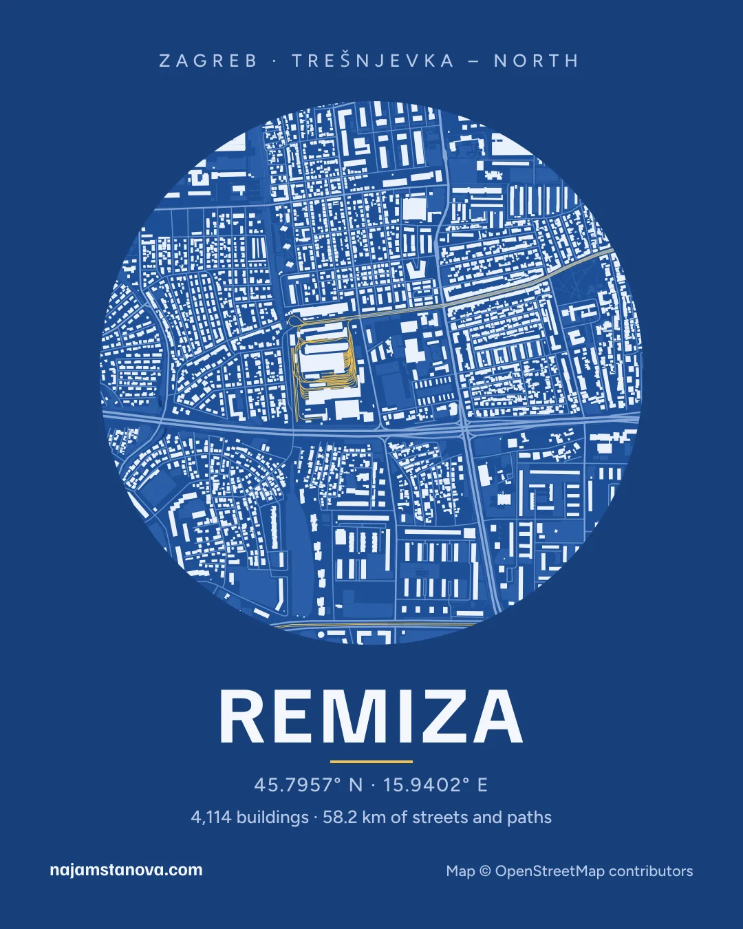 Map of Remiza in the “Blueprint” style: buildings, streets, parks and water within 900 m
