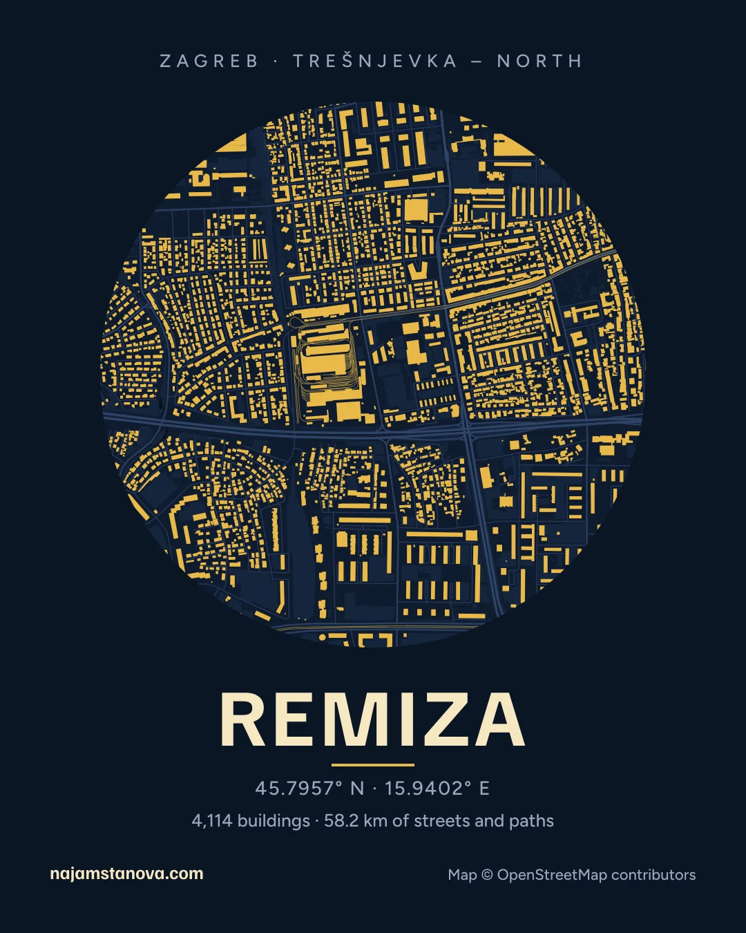 Map of Remiza in the “Night” style: buildings, streets, parks and water within 900 m
