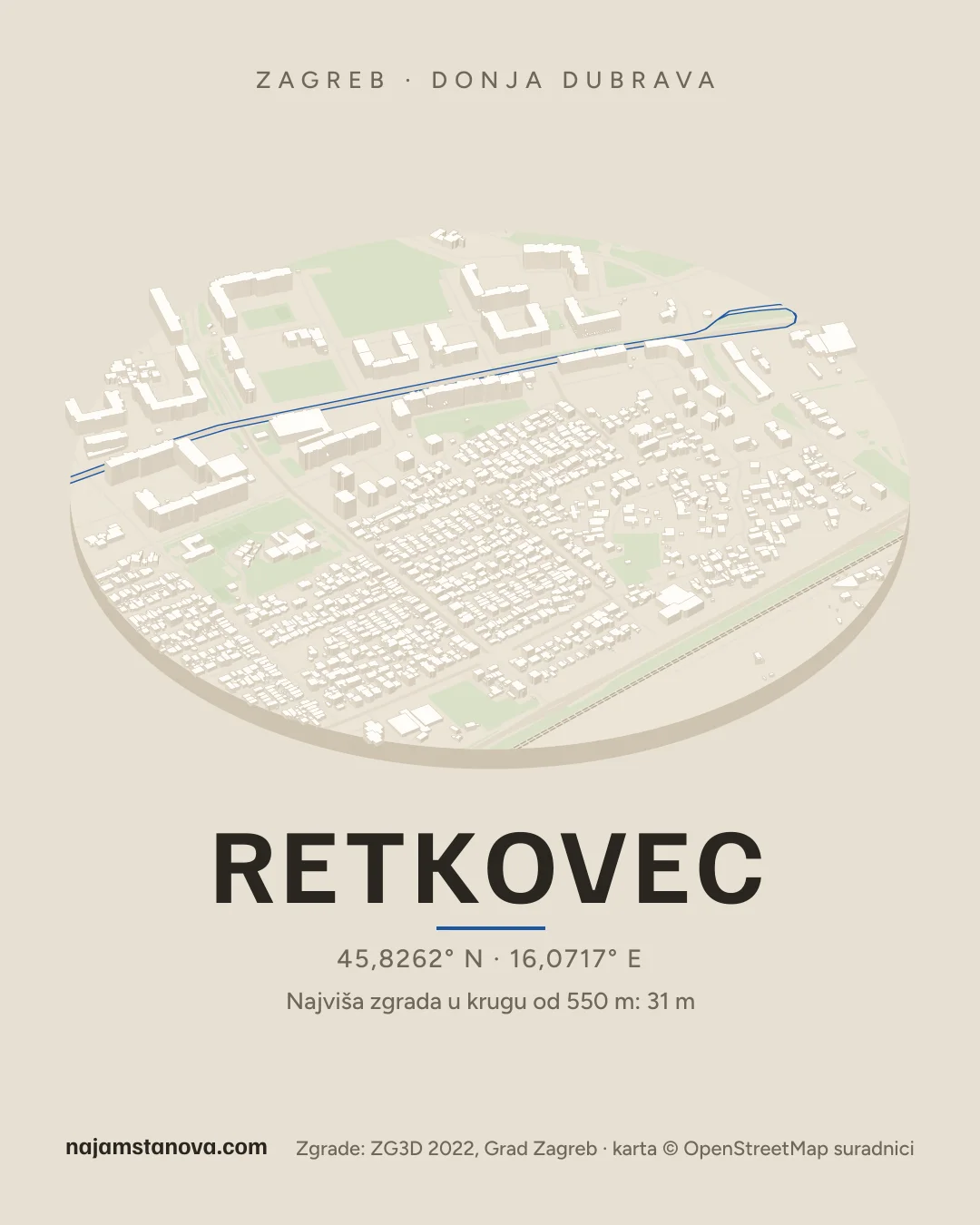 Karta kvarta Retkovec u stilu „Dron”: zgrade, ulice, parkovi i vode u krugu od 900 m