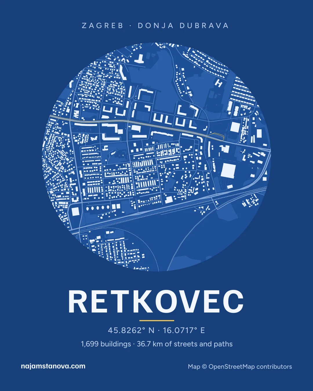 Map of Retkovec in the “Blueprint” style: buildings, streets, parks and water within 900 m