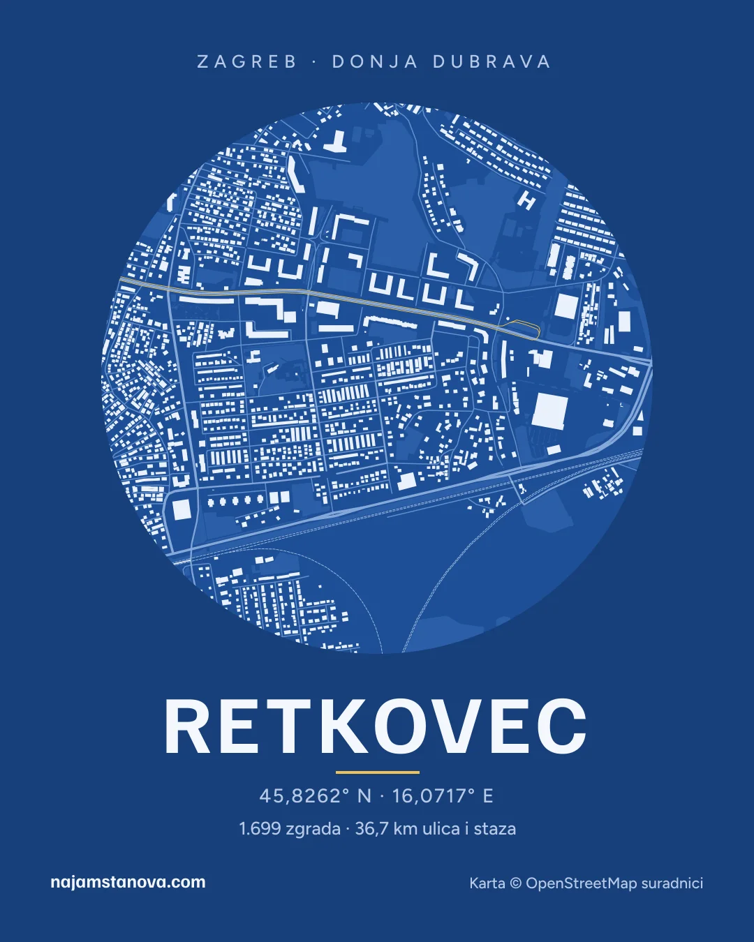 Karta kvarta Retkovec u stilu „Nacrt”: zgrade, ulice, parkovi i vode u krugu od 900 m