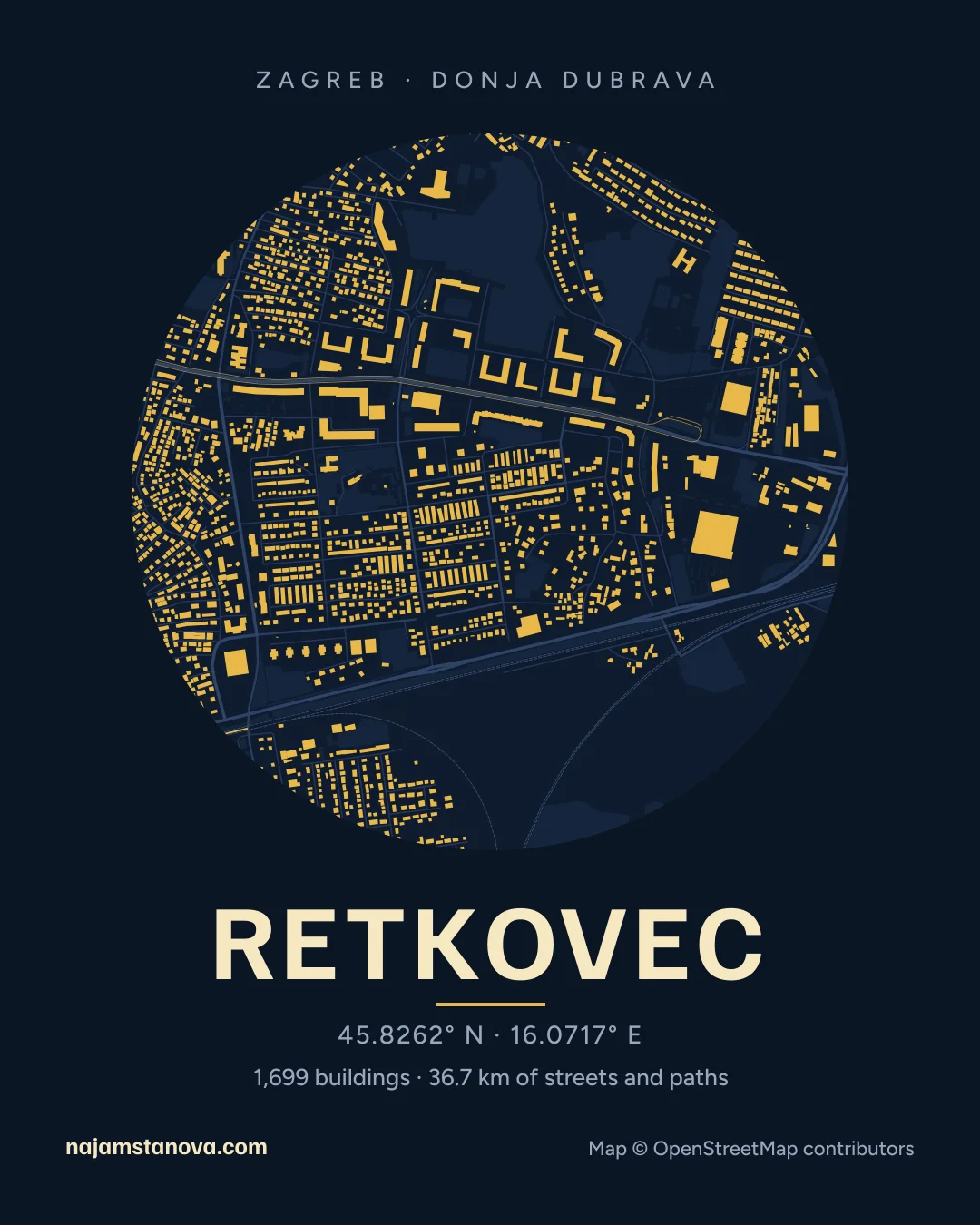 Map of Retkovec in the “Night” style: buildings, streets, parks and water within 900 m