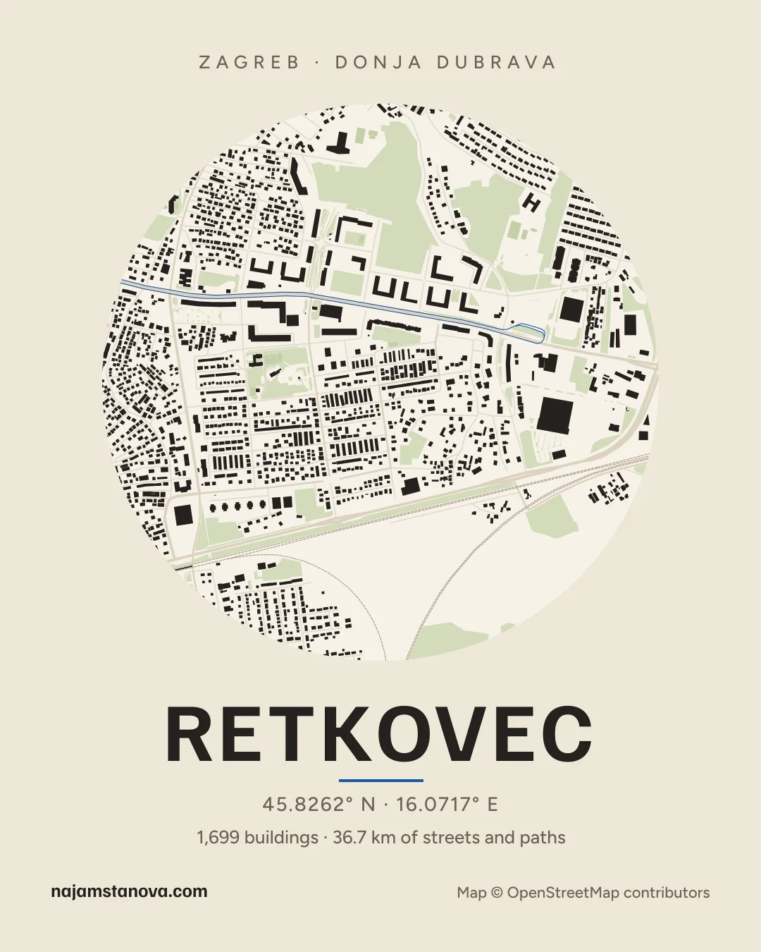 Map of Retkovec in the “Paper” style: buildings, streets, parks and water within 900 m