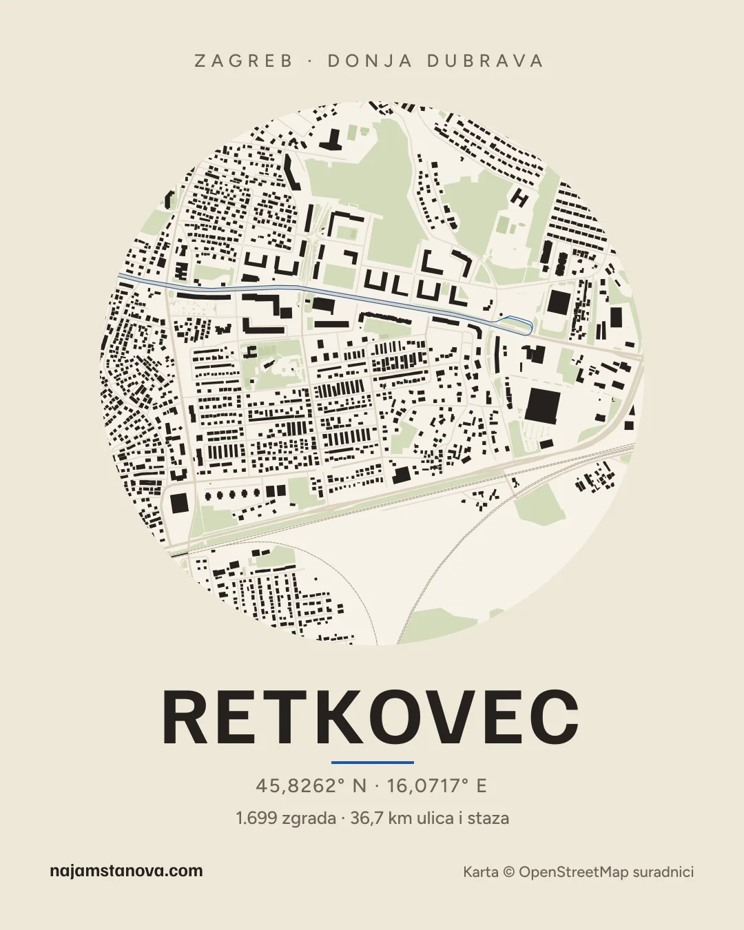 Karta kvarta Retkovec u stilu „Papir”: zgrade, ulice, parkovi i vode u krugu od 900 m