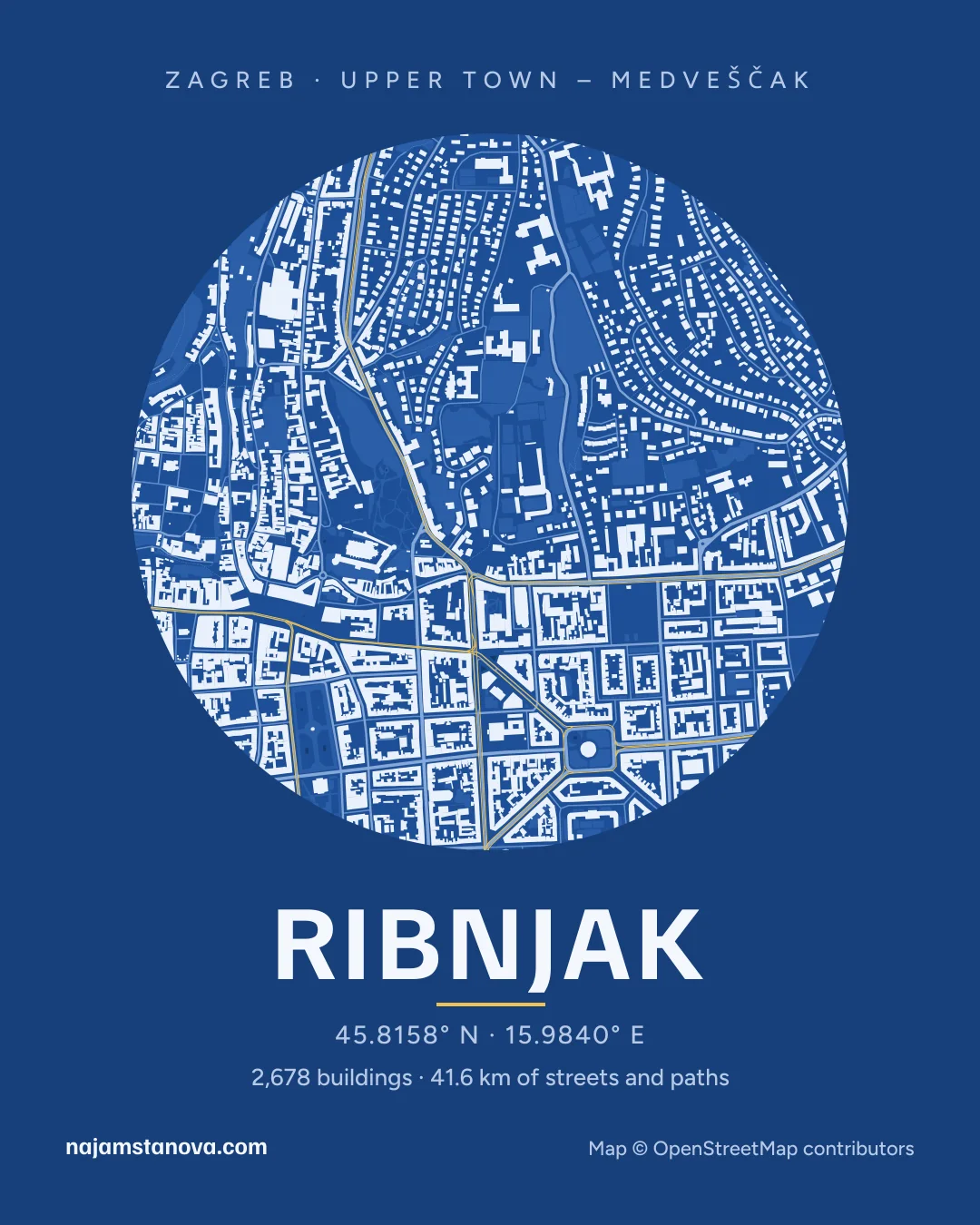 Map of Ribnjak in the “Blueprint” style: buildings, streets, parks and water within 900 m